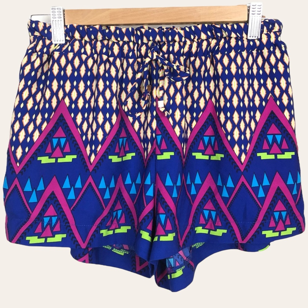 Francesca’s Retro Aztec Silky Floppy Printed High Waisted Elastic Shorts Blue S